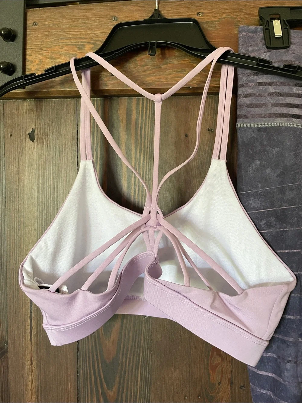 Mauve Strappy Sports Bra & Gray Striped Leggings Set